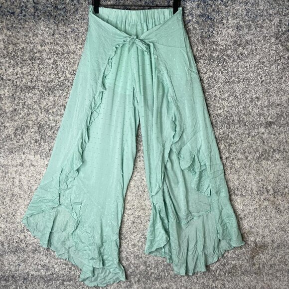 Blue Life Pants Womens Small Green High Rise Ruffle Wide Leg Boho Lounge Beachy - Picture 1 of 7